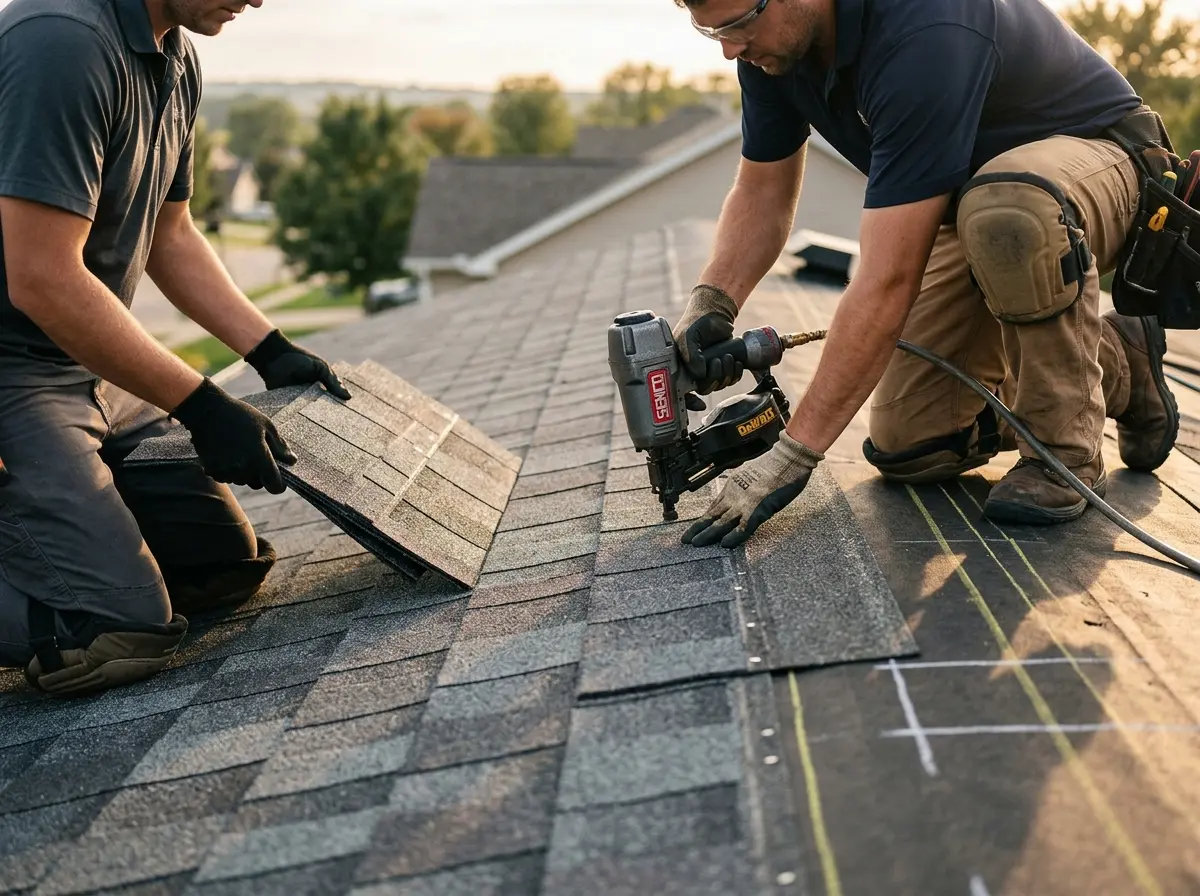 Professional roofer working on a residential roof in Sand Lake